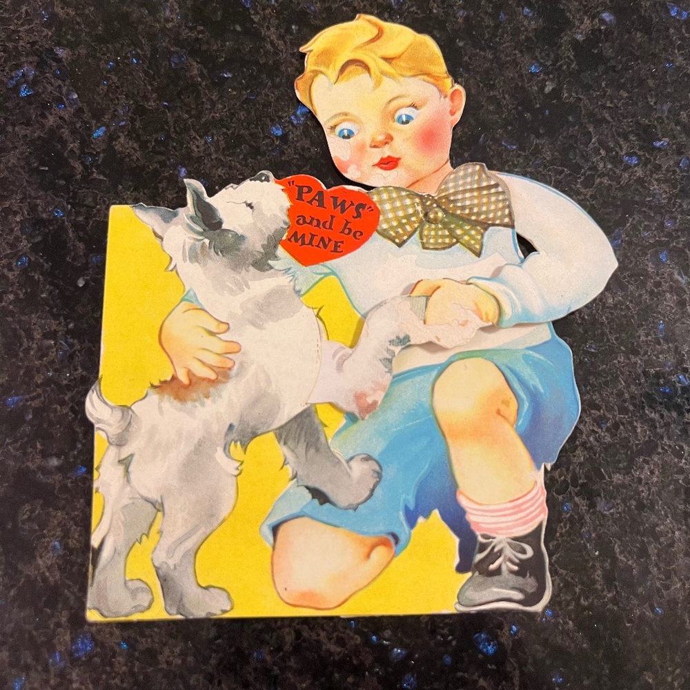Vintage Carrington Scottie Valentine Die Cut Card Mechanical SHAKING HANDS 1940s